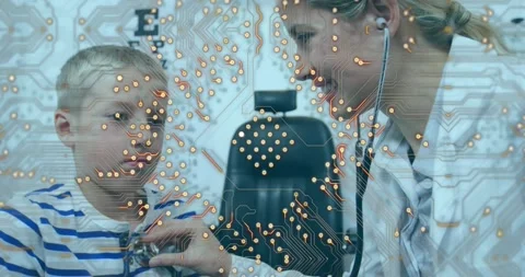 Microprocessor connections against caucasian female doctor examining caucasian Stockbeeldmateriaal 327641304