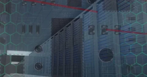 Microprocessor connections against empty computer server room Vídeo Stock 220355727