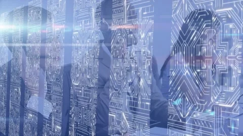 Microprocessor connections against team of diverse customer care executives Vídeo Stock 197383139