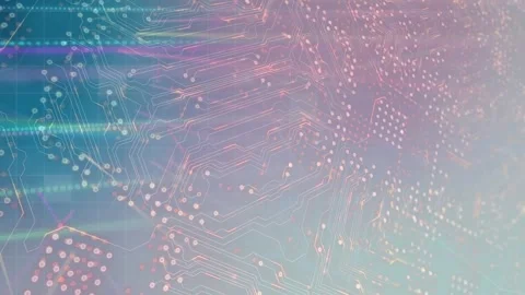Microprocessor connections and colorful light trails against gradient blue Stock Footage 327645707