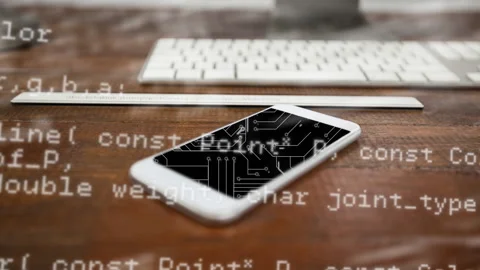Microprocessor connections and data processing against smartphone on wooden Vídeo Stock 153478474