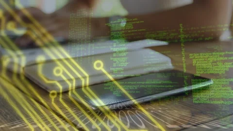 Microprocessor connections and data processing against mid section of woman Video stock 330058052