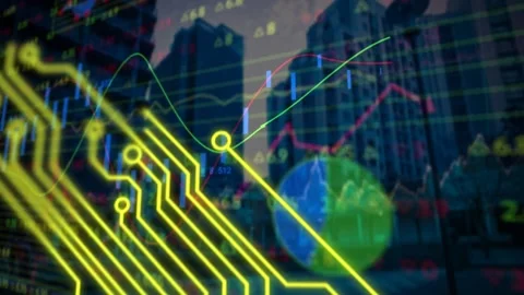 Microprocessor connections and financial data processing against tall buildings Stockbeeldmateriaal 173405834