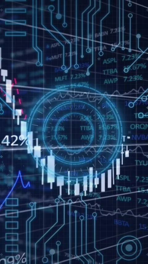 Microprocessor connections and financial data processing over neon round scanner Stockbeeldmateriaal 319212565