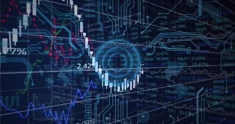 Microprocessor connections and financial data processing over neon round scanner Stockbeeldmateriaal 329698212