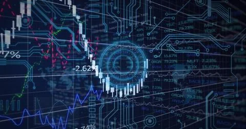 Microprocessor connections and financial data processing over neon round scanner 스톡 사진