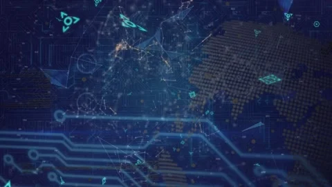 Microprocessor connections and plexus networks over spinning globe against blue 스톡 동영상 328709299