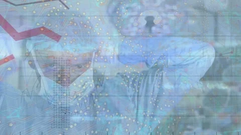 Microprocessor connections and red graphs over caucasian senior male surgeon Vídeo Stock 327122297