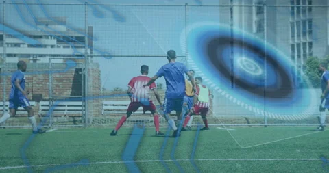 Microprocessor connections and round scanner against two teams of male soccer Vídeo Stock 153287226