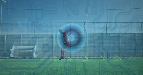 Microprocessor connections and round scanner against male soccer player Vídeo Stock 153476977
