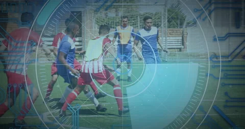 Microprocessor connections and scope scanning over two teams of male soccer Stockbeeldmateriaal 153475305