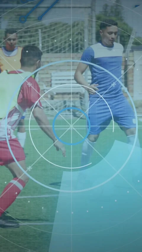 Microprocessor connections and scope scanning over two teams of male soccer Stockbeeldmateriaal 341952861