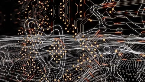 Microprocessor connections and topography over digital waves against black Stockbeeldmateriaal 201498270