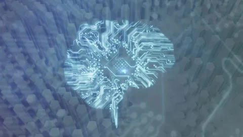 Microprocessor connections forming a human brain icon against concentric shapes Stockbeeldmateriaal 326299597