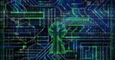 Microprocessor connections forming a security padlock icon against binary coding Stock Footage 328645059