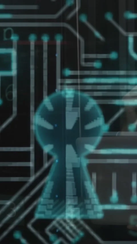 Microprocessor connections forming a security padlock against caucasian male Stockbeeldmateriaal 341920853