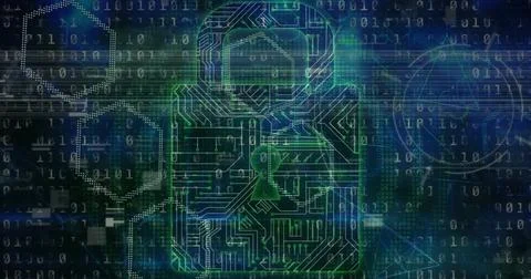 Microprocessor connections forming a security padlock icon against binary coding 스톡 일러스트