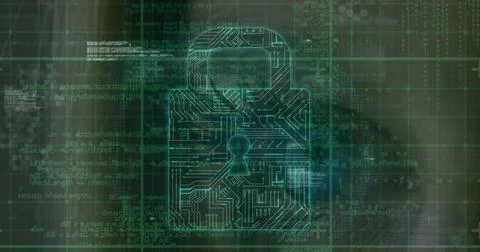 Microprocessor connections forming a security padlock icon against data 스톡 사진