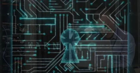 Microprocessor connections forming a security padlock against caucasian male Stockfoto's