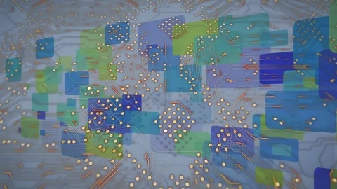 Microprocessor connections over abstract colorful square shapes against white Stockbeeldmateriaal 329510938