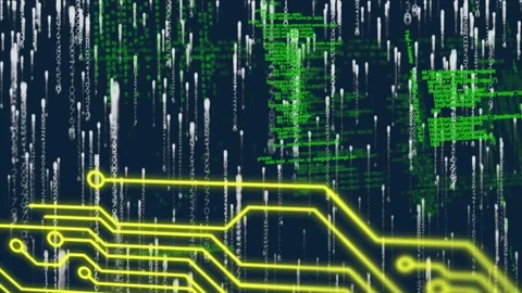 Microprocessor connections over data processing and light trails falling against Stock Footage 157683174
