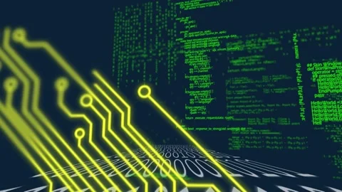 Microprocessor connections over data processing against binary coding on blue Vídeo Stock 157683254