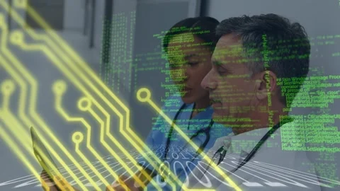 Microprocessor connections over diverse male doctor and female health worker Video stock 326297192