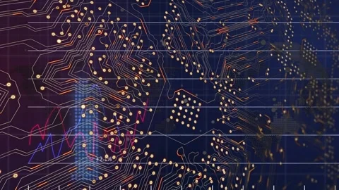 Microprocessor connections over financial data processing and spinning globe Stock Footage 329126547