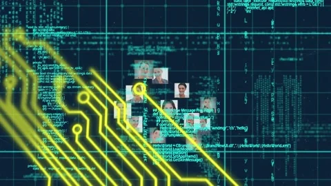 Microprocessor connections over globe of business profile icons and data Video stock 157683012