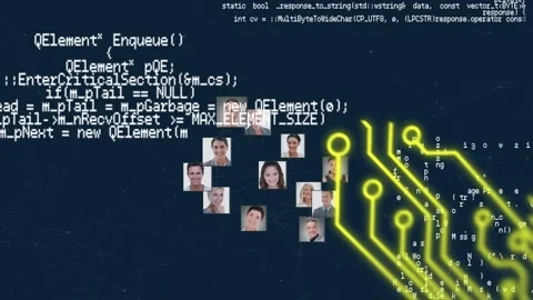 Microprocessor connections over globe of business profile icons and data Stock Footage 157683070