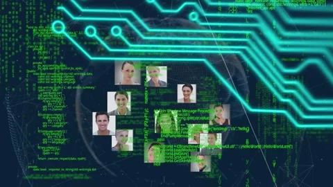 Microprocessor connections over globe of business profile icons and data Video stock 157683110