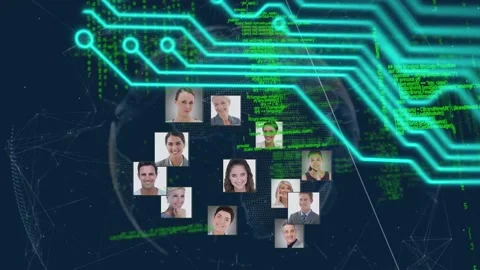 Microprocessor connections over globe of business profile icons and data Video stock 157683186