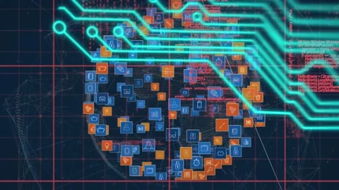 Microprocessor connections over globe of digital icons and data processing on Video stock 157682998