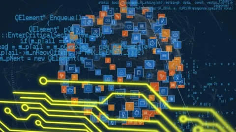 Microprocessor connections over globe of digital icons and data processing on Video stock 157683005