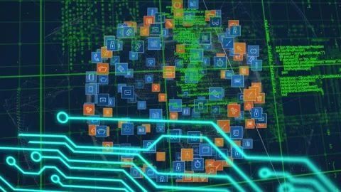 Microprocessor connections over globe of digital icons and data processing on Vídeo Stock 157683082
