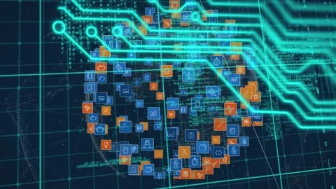 Microprocessor connections over globe of digital icons and data processing on Video stock 157683255