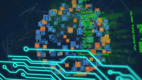 Microprocessor connections over globe of digital icons and data processing on Video stock 157683273