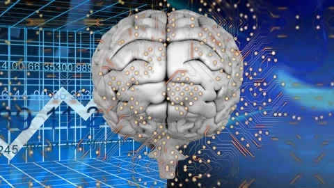 Microprocessor connections over human brain against digital waves on blue Stockbeeldmateriaal 329923635