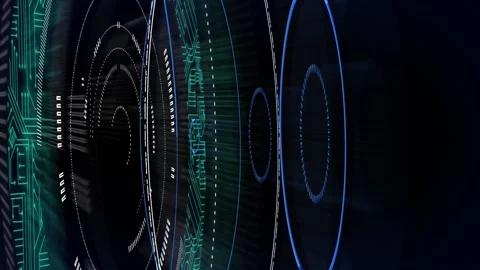 Microprocessor connections over multiple neon round scanners on black background Stock Footage 162933062