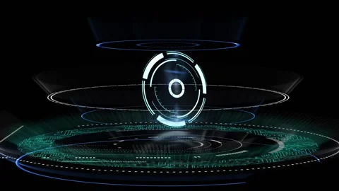 Microprocessor connections over multiple neon round scanners on black background Video stock 162933072