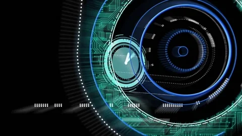 Microprocessor connections over neon round scanner against digital clock ticking Vídeo Stock 162933068