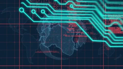 Microprocessor connections over spinning globe and data processing on blue Video stock 157683009