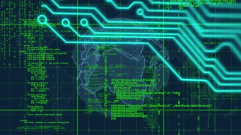 Microprocessor connections over spinning globe and data processing on blue Stockbeeldmateriaal 157683167