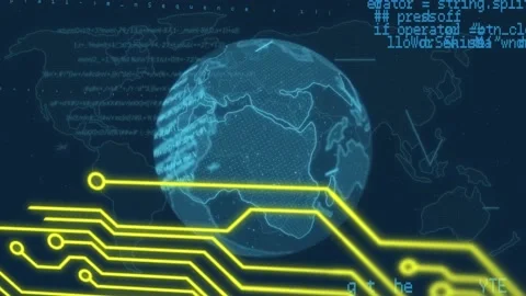 Microprocessor connections over spinning globe and data processing on blue Video stock 157683188