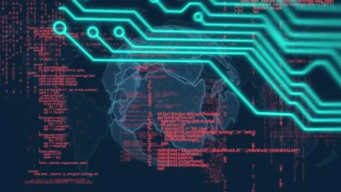 Microprocessor connections over spinning globe and data processing on blue Video stock 157683210