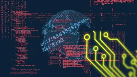 Microprocessor connections over spinning globe and data processing on blue Video stock 157683253