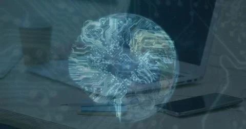 Microprocessor connections over spinning globe against office equipment on desk Stockfoto's