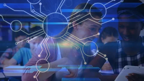 Microprocessor connections over two diverse girls using digital tablet in the Stock Footage 328239708