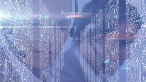 Microprocessor connections vs. female executive on headset in business tech. Stockbeeldmateriaal 328006501