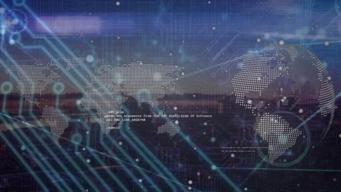 Microprocessor connections, world map and spinning globe against aerial view of 스톡 동영상 330474952